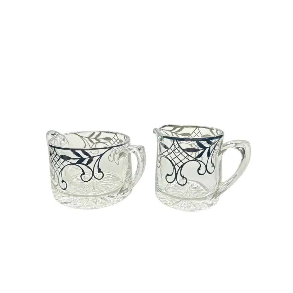 Vintage Heisy Sterling Silver Decorated Glass Creamer and Sugar Set